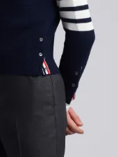 Short V-Neck Cardigan With 4-Bar Stripe In Navy Blue Cashmere
