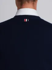 Short V-Neck Cardigan With 4-Bar Stripe In Navy Blue Cashmere