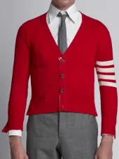 Short V-Neck Cardigan With 4-Bar Stripe In Red Cashmere