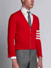 Short V-Neck Cardigan With 4-Bar Stripe In Red Cashmere