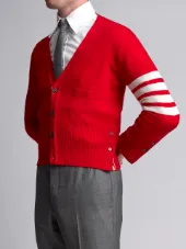 Short V-Neck Cardigan With 4-Bar Stripe In Red Cashmere