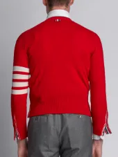 Short V-Neck Cardigan With 4-Bar Stripe In Red Cashmere