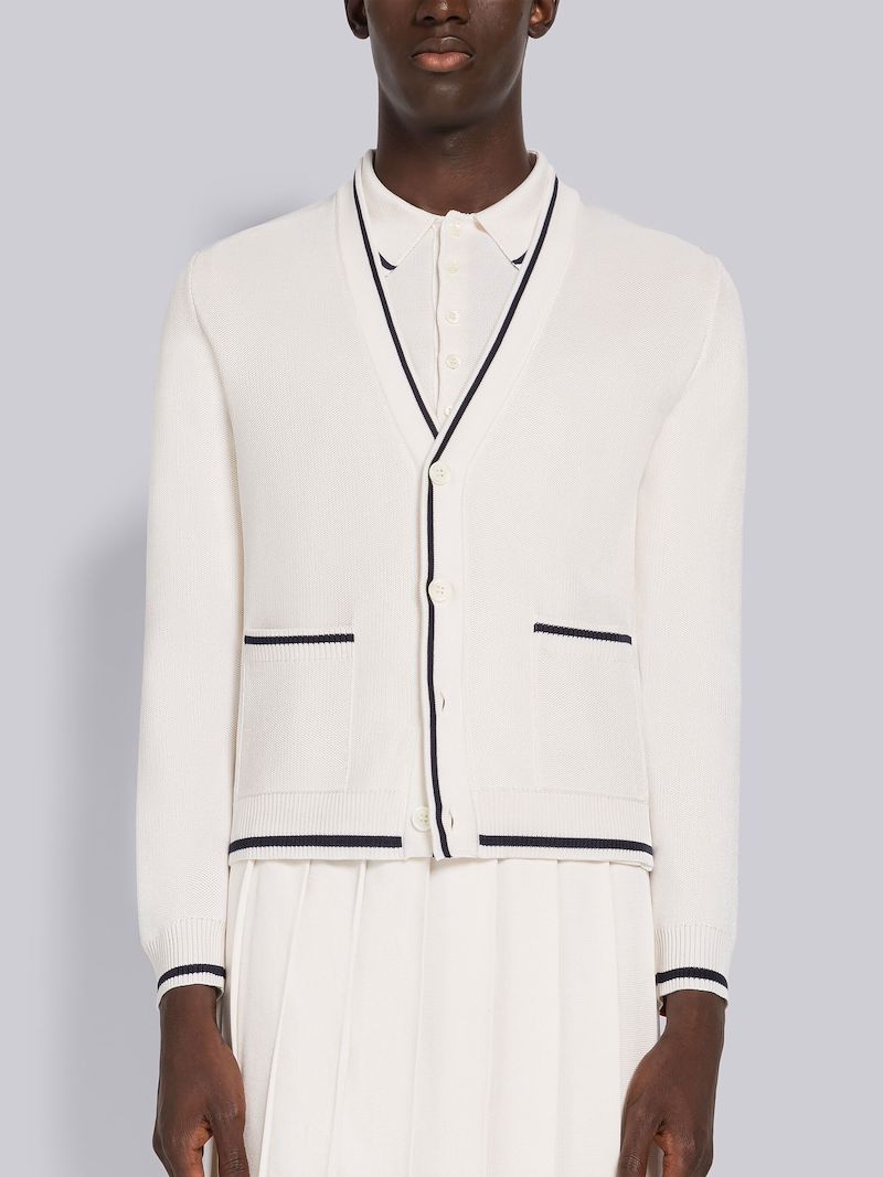 Silk Cotton Pique Long Sleeve V-Neck Cardigan