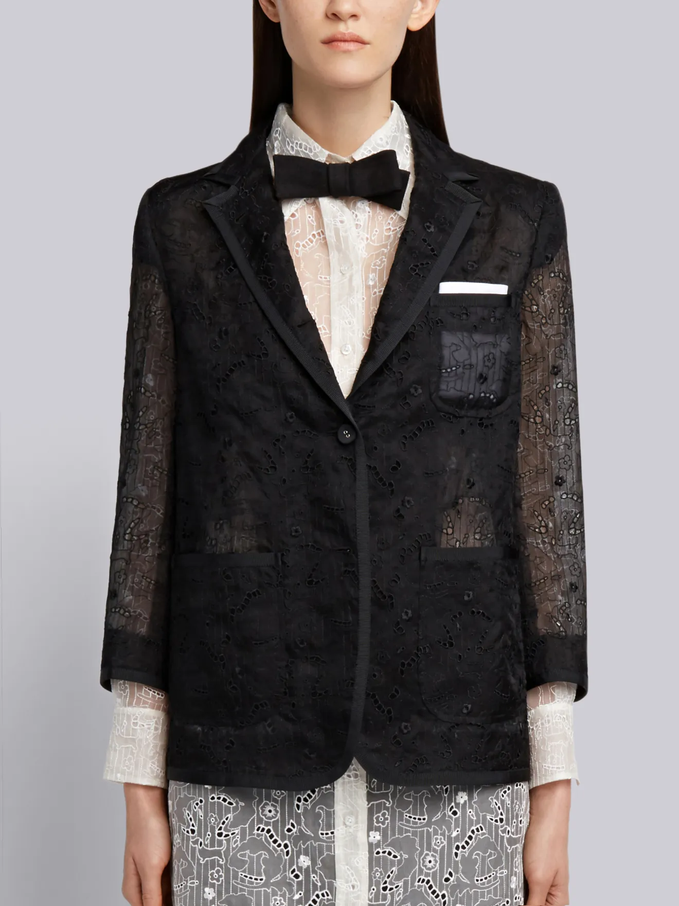 Single Breasted Sack Jacket With Grosgrain Tipping In Organza With