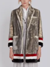 Single Breasted Sack Overcoat With Intarsia Red, White And Blue Stripe In Dyed Long Hair Mink Fur