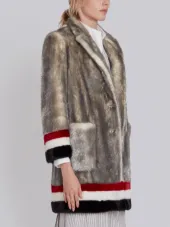 Single Breasted Sack Overcoat With Intarsia Red, White And Blue Stripe In Dyed Long Hair Mink Fur
