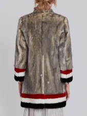Single Breasted Sack Overcoat With Intarsia Red, White And Blue Stripe In Dyed Long Hair Mink Fur