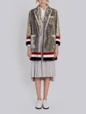 Single Breasted Sack Overcoat With Intarsia Red, White And Blue Stripe In Dyed Long Hair Mink Fur