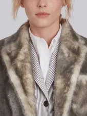 Single Breasted Sack Overcoat With Intarsia Red, White And Blue Stripe In Dyed Long Hair Mink Fur