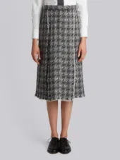 Single Pleat High Waisted Skirt With Fray Canvas Trim In Grey Melange Weave Tweed