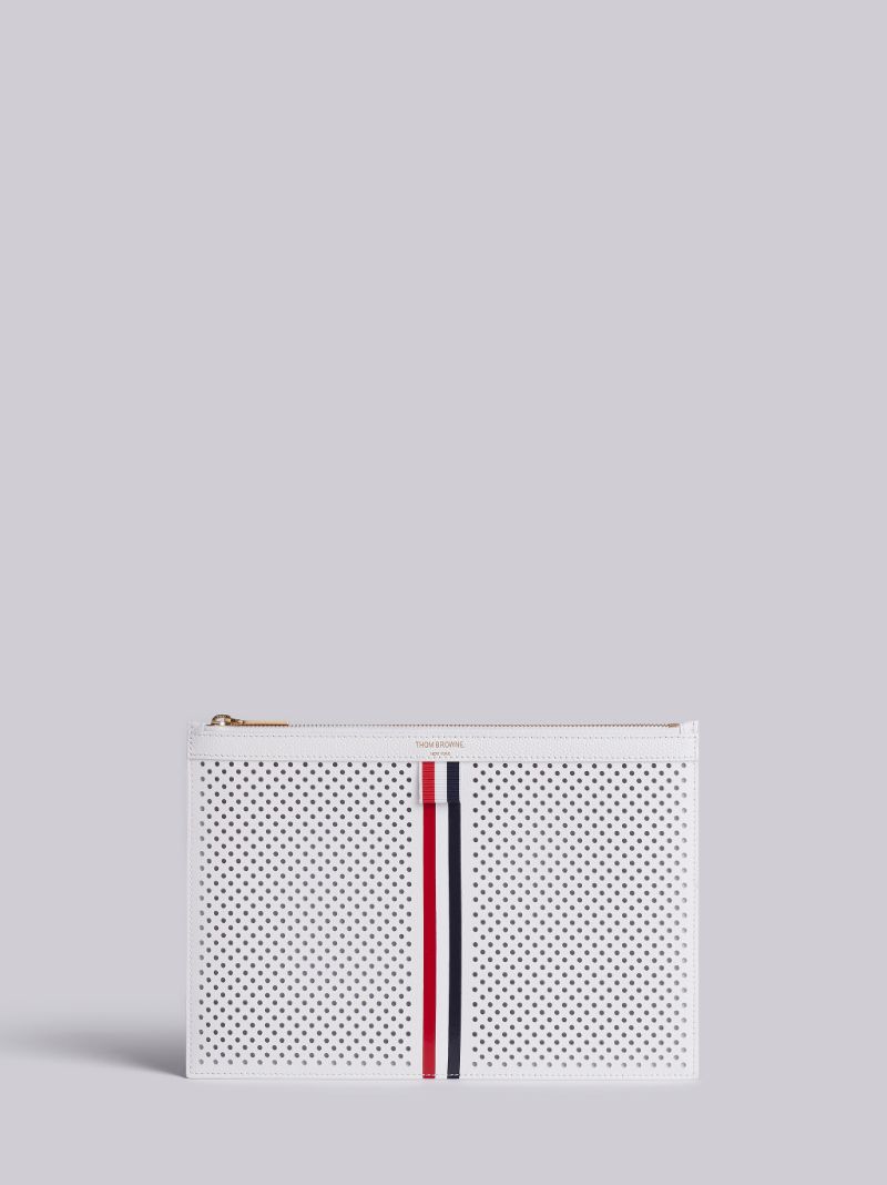 Small Zipper Tablet Holder (29.5x20Cm) With Red, White And Blue Vertical Stripe In Perforated Pebble Grain & Calf Leather