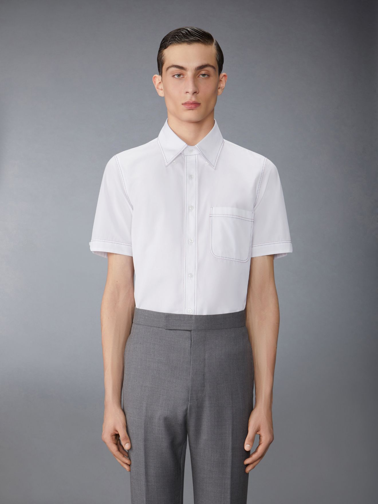 Solid Poplin Twin Needle Contrast Topstitching Shirt | Thom Browne