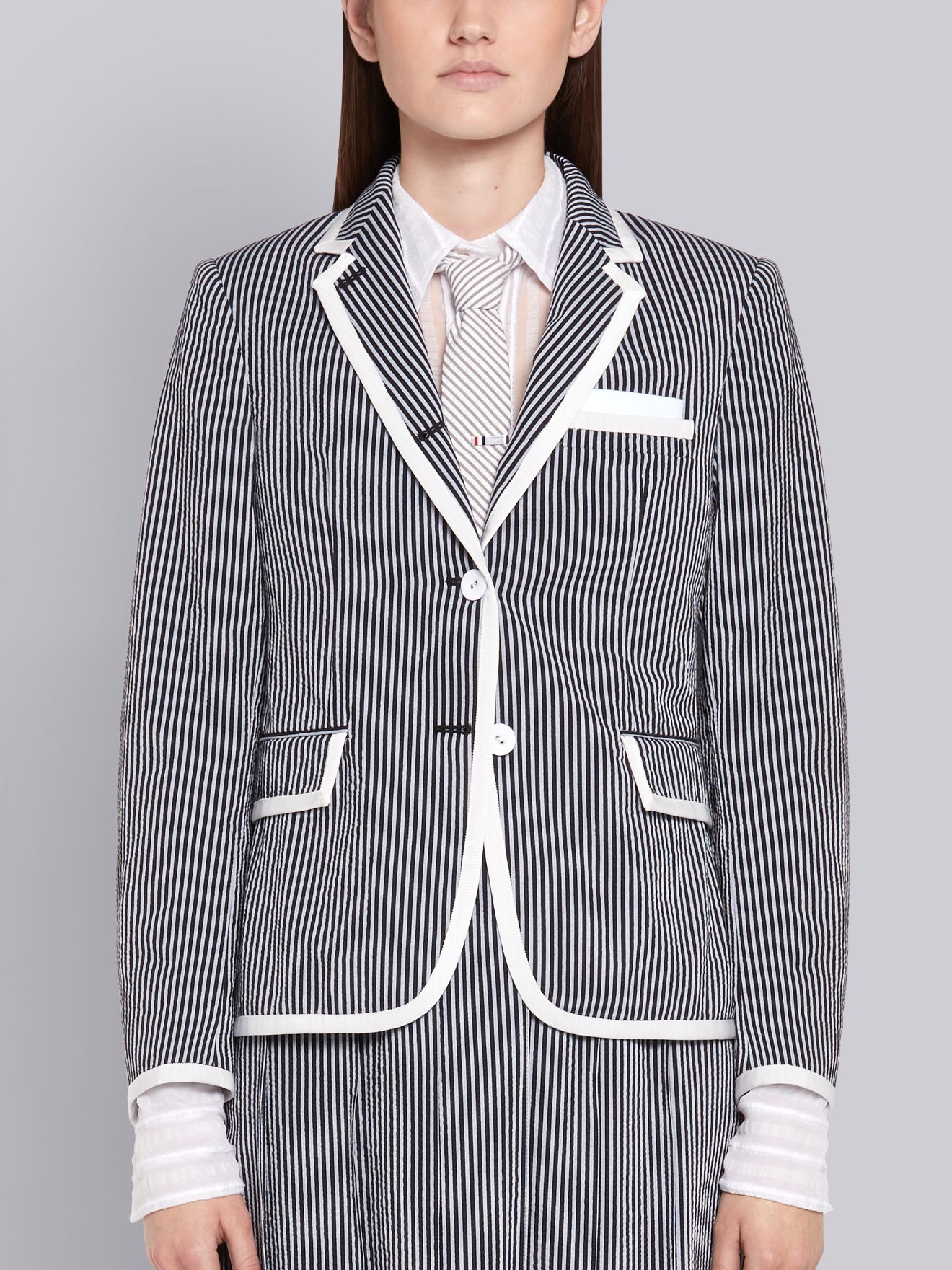 Thom Browne - Multi-Color Ribbon Tweed Frayed Variegated Rep Stripe Unconstructed Box Pleat Raglan Sleeve Jacket - 40 - White - Female