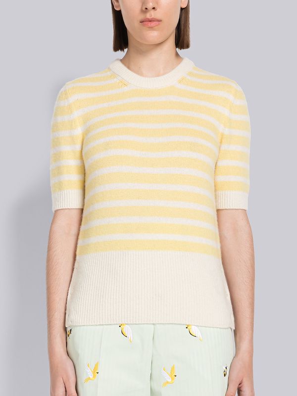 ヘアリー シルク カシミヤ 平編み ストライプ Tシャツ