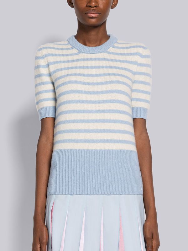 ヘアリー シルク カシミヤ 平編み ストライプ Tシャツ