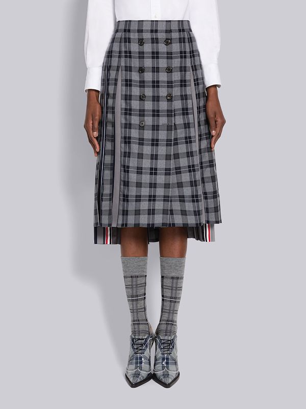 Tartan Silk Insert Double Breasted Pleated Skirt