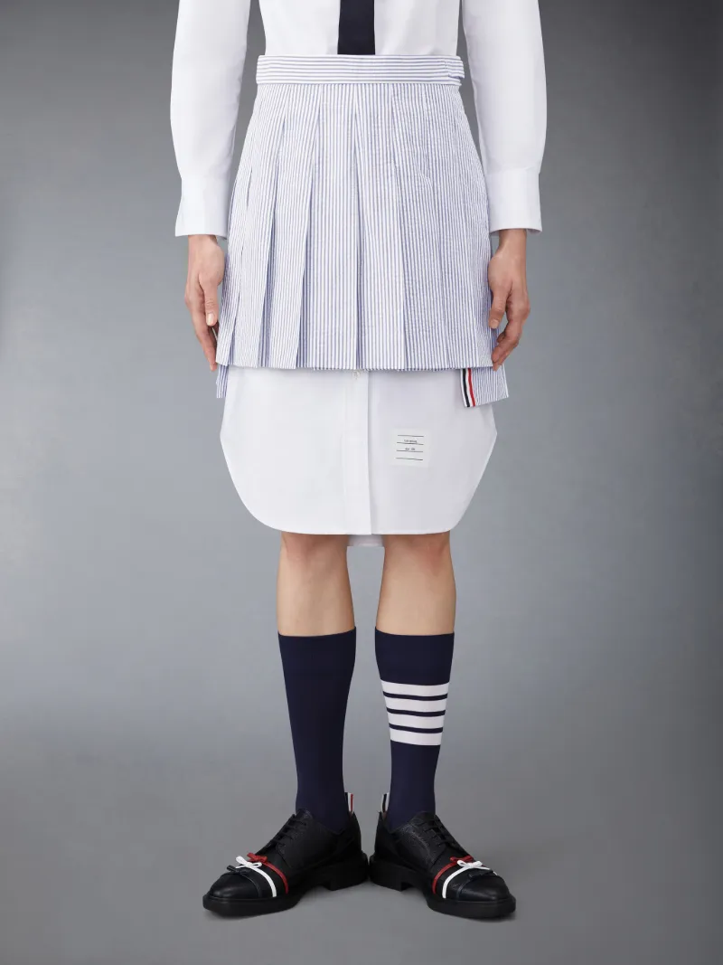 THIGH LENGTH DROPPED BACK PLEATED SKIRT IN SEERSUCKER | Thom Browne