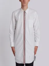 Thigh Length Long Sleeve Point Collar Zip Front Shirt In Oxford