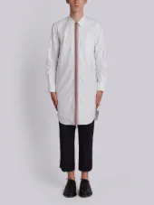 Thigh Length Long Sleeve Point Collar Zip Front Shirt In Oxford