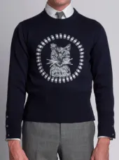 'Thom Cat' Crewneck Pullover In Navy Merino