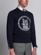 'Thom Cat' Crewneck Pullover In Navy Merino