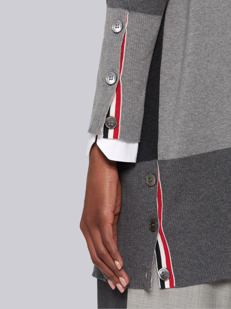 Tonal Grey Funmix Cotton Milano Stitch 4-Bar Exaggerated V-Neck Cardigan |  Thom Browne