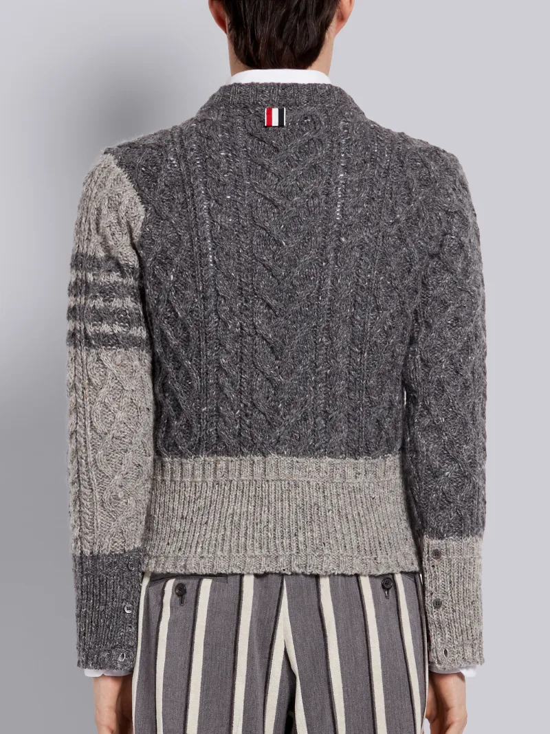 Tonal Grey Wool Mohair Tweed Fun-Mix Aran Cable Crewneck 4-Bar