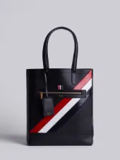 Tote In Black Pebble Grain Red, White And Blue Diagonal Stripe In Calf Leather