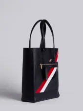 Tote In Black Pebble Grain Red, White And Blue Diagonal Stripe In Calf Leather