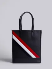 Tote In Black Pebble Grain Red, White And Blue Diagonal Stripe In Calf Leather