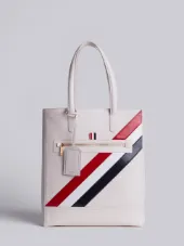 Tote With Zip Closure & Red, White And Blue Diagonal Stripe In White Pebble Grain & Calf Leather