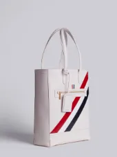Tote With Zip Closure & Red, White And Blue Diagonal Stripe In White Pebble Grain & Calf Leather