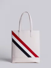 Tote With Zip Closure & Red, White And Blue Diagonal Stripe In White Pebble Grain & Calf Leather