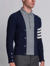 Trompe L'oeil Long Sleeve Polo In Navy Cashmere