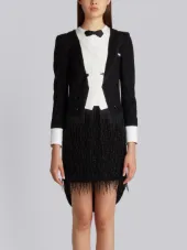 TROMPE L’OEIL TAILCOAT TUXEDO MINI DRESS WITH BEADED FRING IN BLACK SILK CHARMEUSE