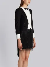 TROMPE L’OEIL TAILCOAT TUXEDO MINI DRESS WITH BEADED FRING IN BLACK SILK CHARMEUSE