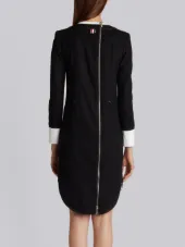 TROMPE L’OEIL TAILCOAT TUXEDO MINI DRESS WITH BEADED FRING IN BLACK SILK CHARMEUSE