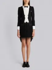 TROMPE L’OEIL TAILCOAT TUXEDO MINI DRESS WITH BEADED FRING IN BLACK SILK CHARMEUSE