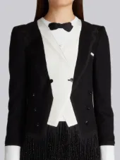 TROMPE L’OEIL TAILCOAT TUXEDO MINI DRESS WITH BEADED FRING IN BLACK SILK CHARMEUSE