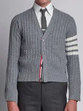 Trompe L'oeil V-Neck Cardigan Pullover W/ White 4-Bar Stripe In Cashmere