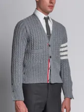 Trompe L'oeil V-Neck Cardigan Pullover W/ White 4-Bar Stripe In Cashmere