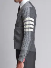 Trompe L'oeil V-Neck Cardigan Pullover W/ White 4-Bar Stripe In Cashmere
