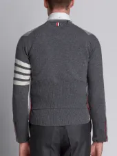 Trompe L'oeil V-Neck Cardigan Pullover W/ White 4-Bar Stripe In Cashmere