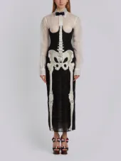 Trouser Length Cardigan Skirt In Crystal Skeleton Embroidery