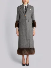 Trouser-Length Single Breasted Wide Lapel Overcoat With Beaver Fur Cuff & Hem In Herringbone Harris Tweed