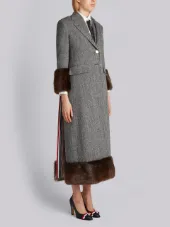 Trouser-Length Single Breasted Wide Lapel Overcoat With Beaver Fur Cuff & Hem In Herringbone Harris Tweed