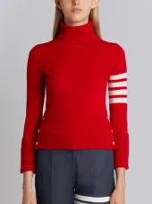 Turtle Neck With White 4-Bar Stripe In Red Cashmere