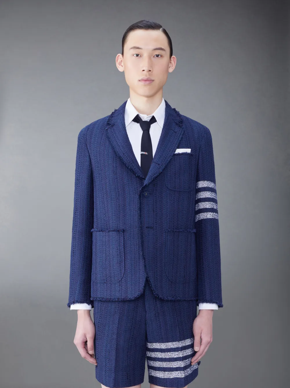 Tweed Fray 4-Bar Sack Jacket | Thom Browne Tweed Fray 4-Bar Sack Jacket | Thom Browne