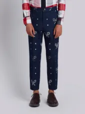 Unconstructed Chino In Washed Denim With Distressed Tennis Half Drop Embroidery