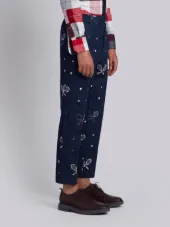 Unconstructed Chino In Washed Denim With Distressed Tennis Half Drop Embroidery